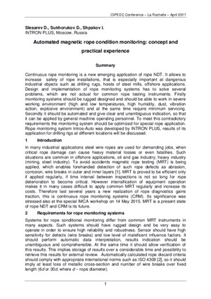 Automated magnetic rope condition monitoring: concept and practical experience. — D. Slesarev, D. Sukhorukov, I. Shpakov. Proceedings of the OIPEEC-2017, La Rochelle, France,  4–7 April 2017,  pp.295-300